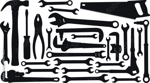 Hand tools silhouettes collection illustration with wrench hammer saw pliers screwdriver repair equipment black vector icons isolated white background
