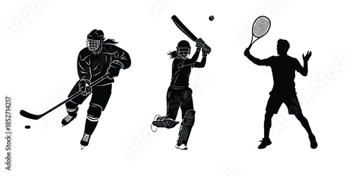 Sports silhouettes hockey cricket and tennis athletes in action