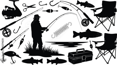 Fishing gear silhouettes illustration with angler, rods, reels, lures, tackle box, chairs, fish, outdoor sport equipment collection, vector, black, icons