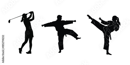 Silhouettes of people engaging in sports and martial arts