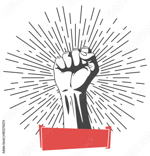 Rised fist hand gesture emblem. Vector hand clenched into fist and rising up, symbol isolated on white background. Power sign. Human hand up in the air