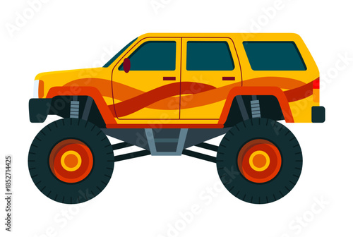 Monster truck. Bright colorful cartoon auto with big wheels. Heavy car with large tires and black tinted windows. Isolated rally 4x4 computer or mobile game
