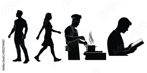 Silhouette illustrations of people engaging in daily activities