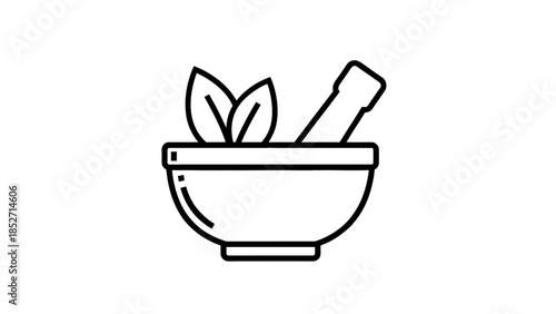 Mortar and pestle with leaves for herbal medicine and cooking preparation