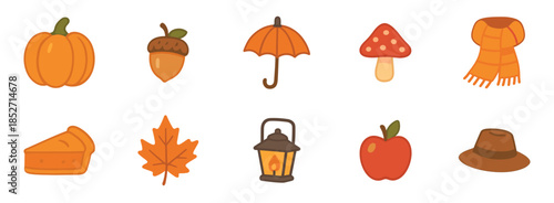Autumn fall season elements collection of cute illustrations depicting pumpkins, leaves, mushrooms, and other cozy symbols of harvest time.