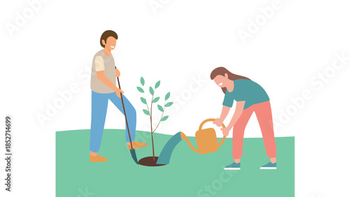 People planting and watering a tree together in a green landscape outdoors