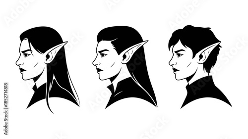 Three profiles illustrating different hairstyles for an elf character with pointed ears
