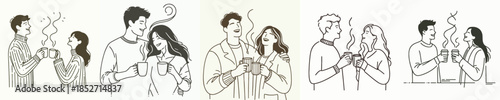 vector line art of couple drinking warm coffee together at Christmas