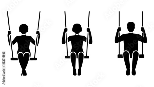 Silhouettes of people sitting on a swing set, vector graphic illustration