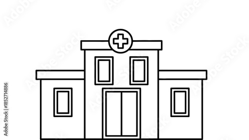 Simple line drawing of a hospital building with a medical cross