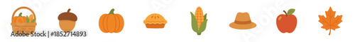 Autumn harvest elements and symbols are neatly arranged in a flat design illustration, representing the bounty and spirit of the fall season.