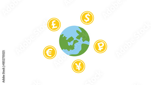 Global currency exchange and international finance concept with earth and coins