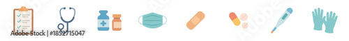 Medical healthcare supplies equipment including a stethoscope, thermometer, face mask, pills, and gloves arranged horizontally, representing essential tools for health and wellness.