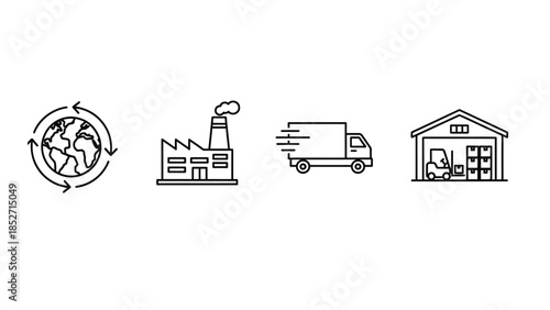 Black line icons illustrating a global supply chain process from earth recycling to manufacturing logistics and distribution