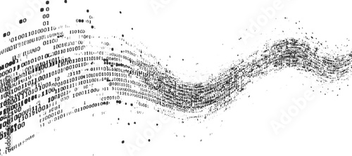 Black binary code flowing in a wave pattern on white background data digital technology