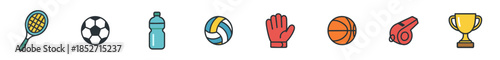 Sports equipment icons set featuring various athletic game elements like balls, rackets, gloves, and a trophy, representing competition and fitness.