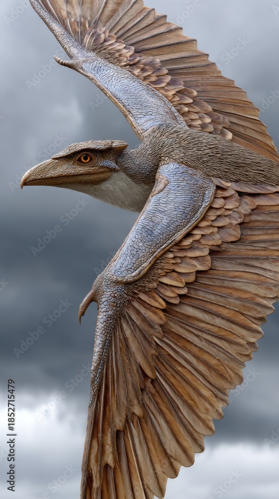 Obraz premium Majestic griffin soaring in cloudy skies with powerful wings and sharp eyes