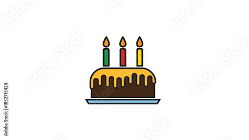 Colorful cartoon chocolate birthday cake with three lit candles on top