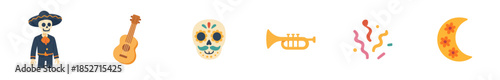 Traditional Mexican cultural festival icons set including a mariachi skeleton, decorated calavera, musical instruments, and festive decor.