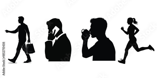 Silhouettes of people engaging in daily activities