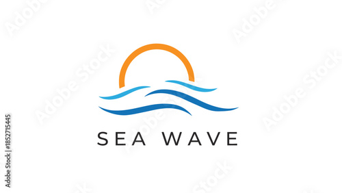 Sea Wave logo with orange sun and blue ocean waves on white background