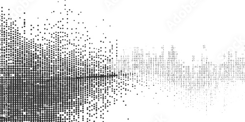 Black dots and binary code pattern transitioning from dense to sparse on white background abstract