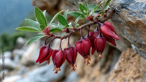 New Zealand Flowers Week. Close-up of red mountain flowers in rocky terrain with green leaves