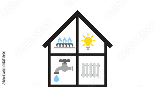 Home utility services concept with icons for heating, lighting, water, and radiator