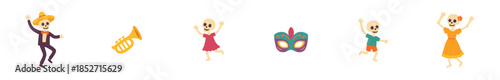 Dancing skeletons, musical instrument, and festive mask collection representing a vibrant celebration, cultural holiday, and joyful party atmosphere with traditional elements.
