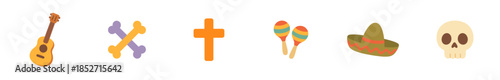 Mexican Day of the Dead celebration icons collection featuring a guitar, bones, cross, maracas, sombrero, and skull in a festive flat design style.