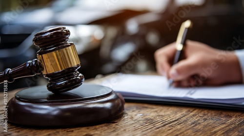 Awesome photo of gavel and lawyer signing settlement papers for vehicle accident insurance claim.