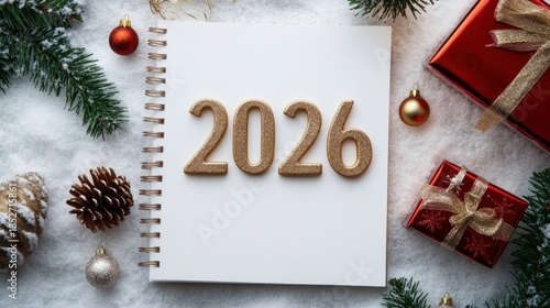 2026 holiday theme with notebook surrounded by christmas decorations and gifts