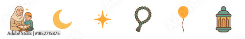 Islamic Ramadan and Eid celebration icons set featuring traditional symbols like the crescent moon, star, lantern, prayer beads, and a mother and child reading the Quran.