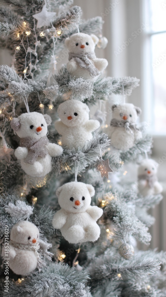 Obraz premium Adorable plush bear ornaments hanging on a festive snowy christmas tree