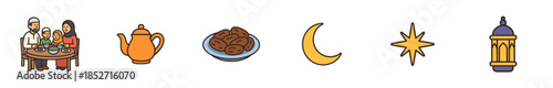 Ramadan celebration icons set featuring family, dates, moon, star, lantern, and teapot, illustrating traditional elements of the holy month.
