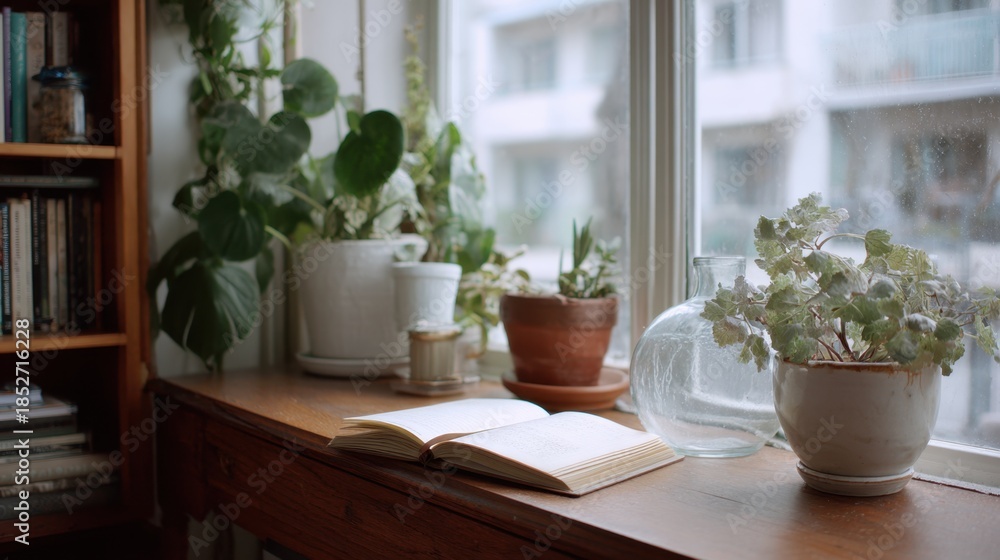 Fototapeta premium Open book on wooden table amidst indoor plants by window with soft natural light
