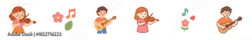 Adorable cartoon children playing musical instruments, including violins and guitars, surrounded by cheerful music notes, flowers, and a heart.