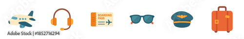 Aviation travel accessories icons set collection flat design elements representing various items essential for flights, journeys, and pilot equipment.