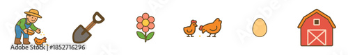 Farmer, chickens, shovel, flower, egg, barn, and other essential agricultural elements depicted as a charming collection of flat design farm icons.