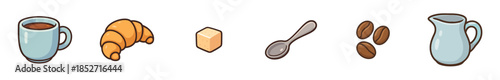 Coffee breakfast items collection with croissant, sugar, and milk jug, alongside coffee beans and a spoon, presented in a charming cartoon style.