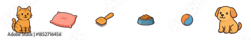 Cute cartoon pets and essential supplies for dogs and cats, featuring a friendly feline, a happy canine, food bowl, brush, pillow, and play ball.