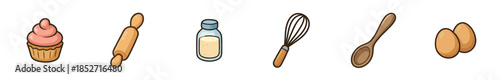Various baking ingredients and tools are neatly arranged in a colorful cartoon style, ready for creating delicious homemade desserts and pastries.