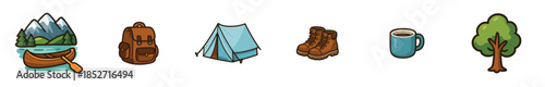 Outdoor adventure camping icons set featuring various elements like mountains, a canoe, backpack, tent, hiking boots, coffee mug, and a tree for nature exploration.