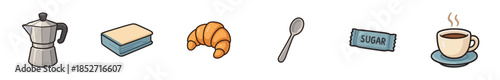 Breakfast items and coffee elements are neatly arranged in a charming cartoon style, perfect for morning meal concepts and cafe menus.