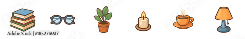 Books, eyeglasses, potted plant, lit candle, steaming coffee cup, and table lamp are charmingly depicted as cozy cartoon illustrations for home and study.