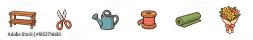 Various crafting and gardening tools and supplies are neatly arranged in a charming cartoon style, perfect for creative projects and hobbies.