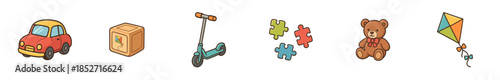 Delightful collection of children's toys, including a car, block, scooter, puzzle pieces, teddy bear, and kite, are presented in a charming cartoon style.