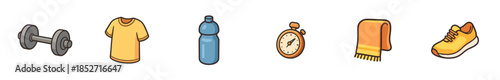 Fitness equipment and accessories collection including a dumbbell, t-shirt, water bottle, stopwatch, towel, and running shoe for a healthy lifestyle.