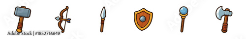 Fantasy weapons and armor collection features a hammer, bow, spear, shield, staff, and axe, perfect for video game assets or medieval-themed designs.