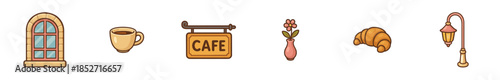 Charming collection of cafe and street elements, including a window, coffee, sign, flower, croissant, and lamp, rendered in a delightful cartoon style.